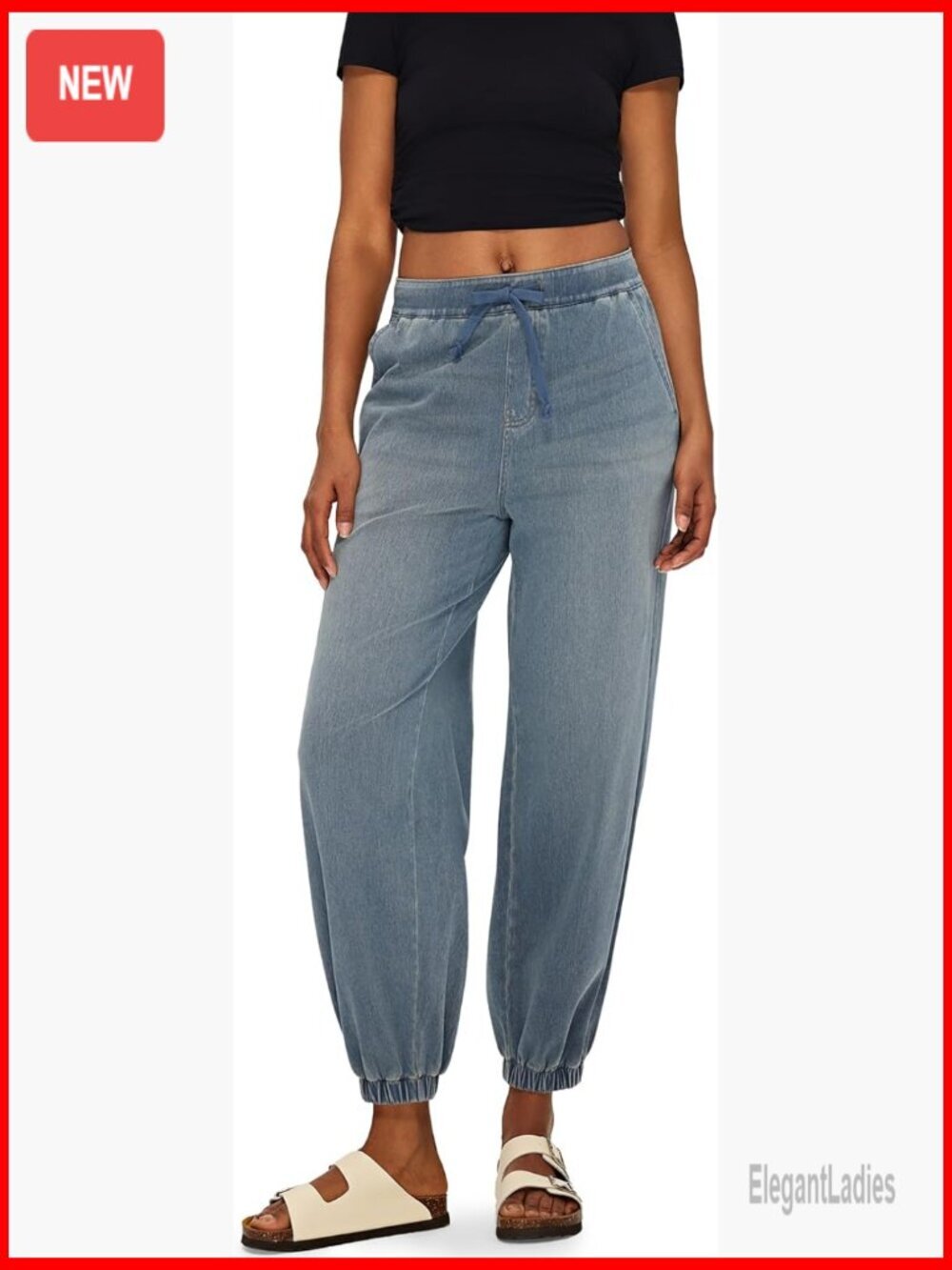 High Waisted Barrel Jeans with Elastic Cuff, Drawstring, Stretch Denim Pants